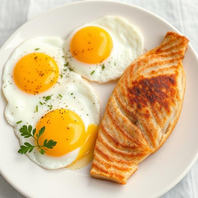 Fried eggs and fish