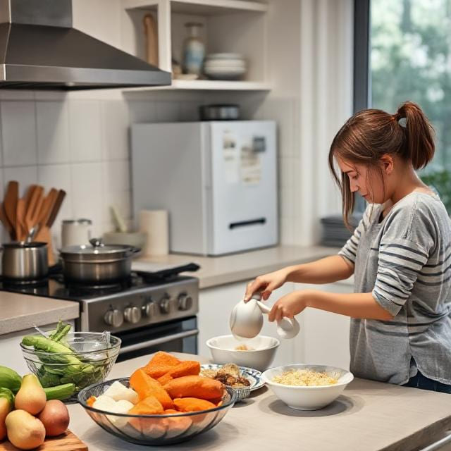 Lady cooking in a kitchen